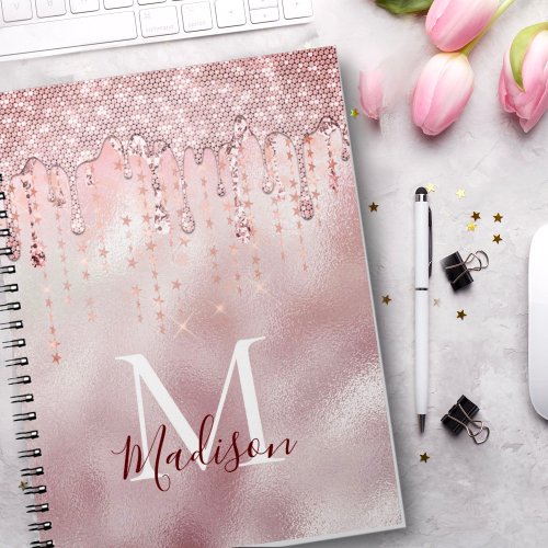 Chic rose blush gold glitter dripping monogram notebook