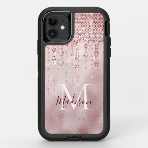 Chic rose blush gold glitter dripping monogram OtterBox defender iPhone 11 case