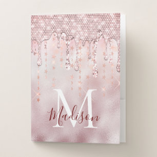 Chic rose blush gold glitter dripping monogram pocket folder
