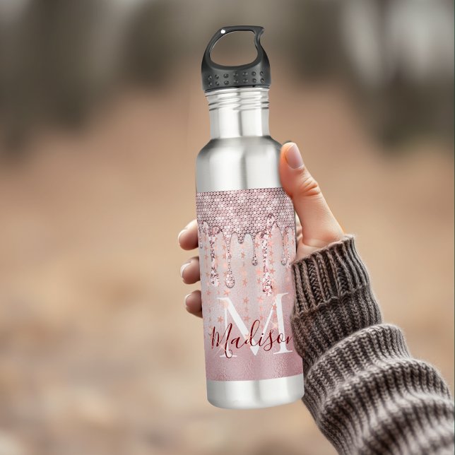 Chic rose blush gold glitter dripping monogram stainless steel water bottle (Creator Uploaded)
