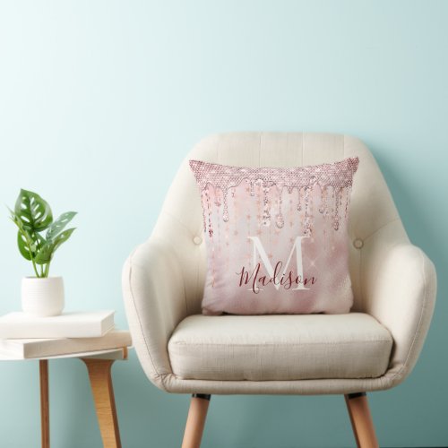 Chic rose blush gold glitter dripping monogram throw pillow