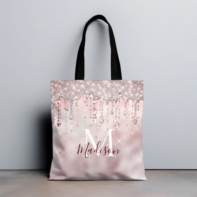 Chic rose blush gold glitter dripping monogram tote bag (Creator Uploaded)