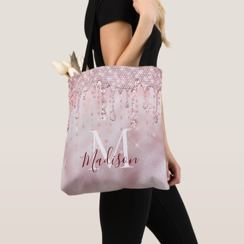 Chic rose blush gold glitter dripping monogram tote bag