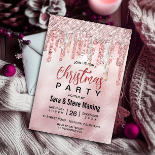 Chic rose blush gold glitter drips Christmas Invitation