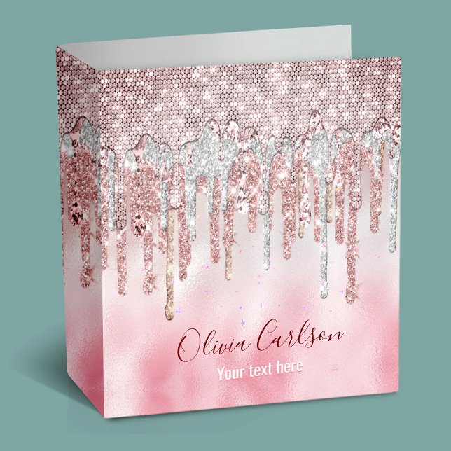 Chic rose blush gold glitter drips monogram 3 ring binder (Creator Uploaded)