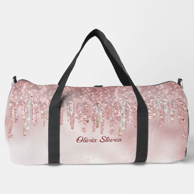 Chic rose blush gold glitter drips monogram  duffle bag (Front)