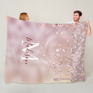 Chic rose blush gold glitter drips monogram fleece blanket