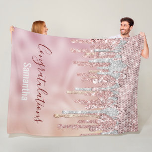 Chic rose blush gold glitter drips monogram fleece blanket