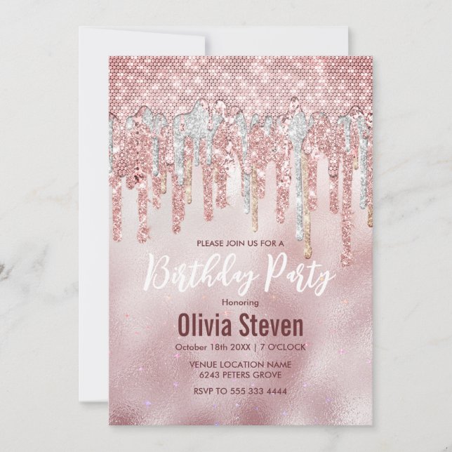 Chic rose blush gold glitter drips monogram invitation (Front)
