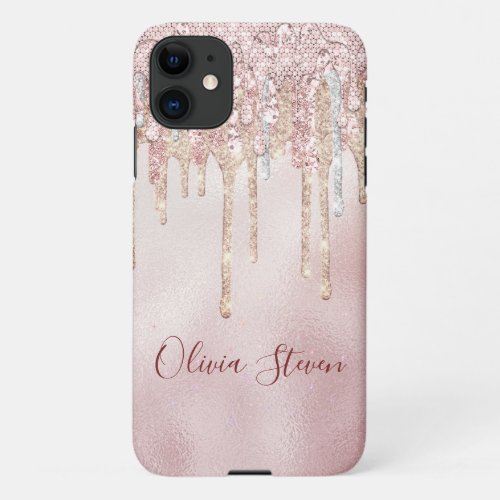 Chic rose blush gold glitter drips monogram iPhone 11 case