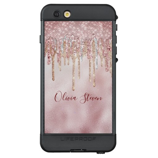 Chic rose blush gold glitter drips monogram LifeProof NÜÜD iPhone 6s plus case