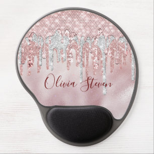 Chic rose blush gold glitter drips monogram mouse gel mouse pad