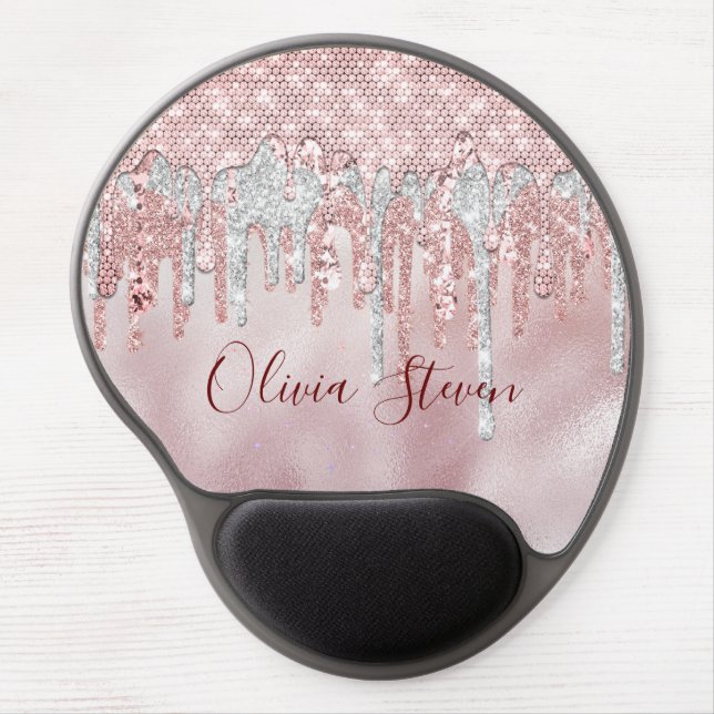 Chic rose blush gold glitter drips monogram mouse  gel mouse pad (Front)