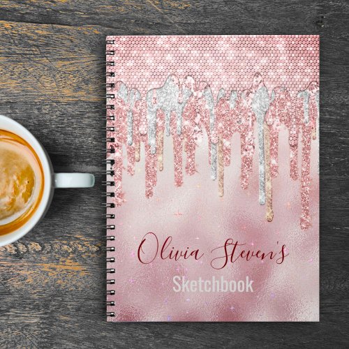 Chic rose blush gold glitter drips monogram notebo notebook