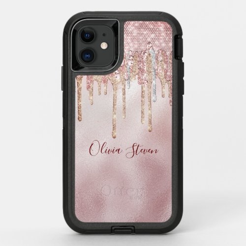 Chic rose blush gold glitter drips monogram OtterBox defender iPhone 11 case