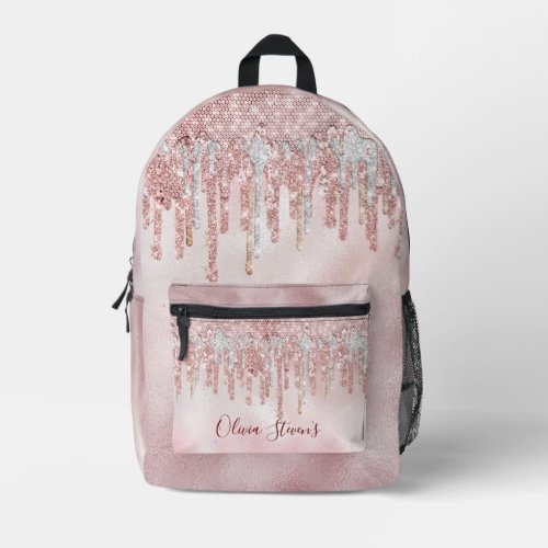 Chic rose blush gold glitter drips monogram  printed backpack