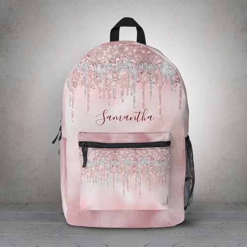 Chic rose blush gold glitter drips monogram  printed backpack