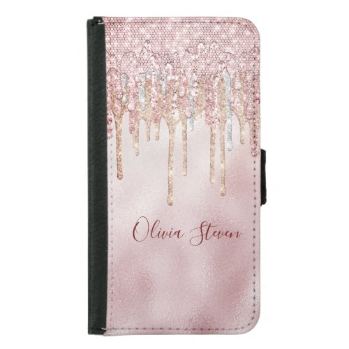 Chic rose blush gold glitter drips monogram samsung galaxy s5 wallet case