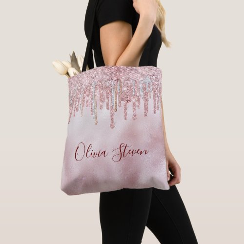 Chic rose blush gold glitter drips monogram tote bag