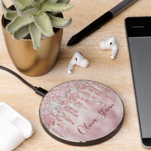 Chic rose blush gold glitter drips monogram wireless charger 