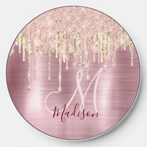 Chic rose blush holographic monogram wireless charger 