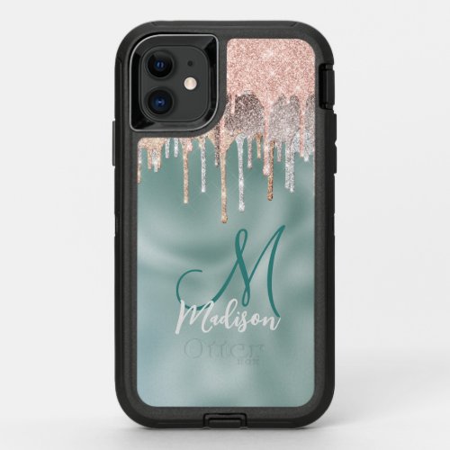 Chic rose blush mint dripping monogram Case_Mate i OtterBox Defender iPhone 11 Case