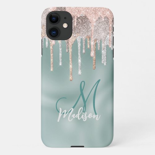 Chic rose blush mint dripping monogram iPhone 11 case