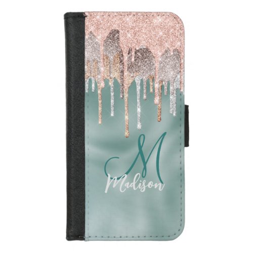 Chic rose blush mint dripping monogram iPhone 87 wallet case