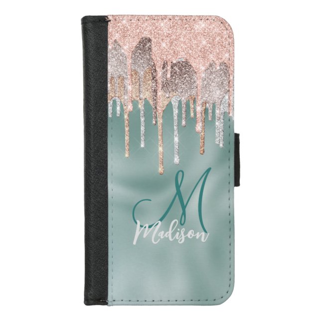 Chic rose blush mint dripping monogram iPhone wallet case (Front)