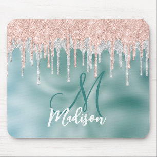 Chic rose blush mint dripping monogram mouse pad