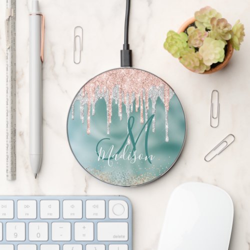 Chic rose blush mint dripping monogram wireless charger 