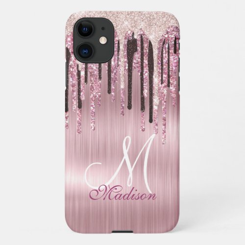 Chic rose blush pink dripping monogram iPhone 11 case