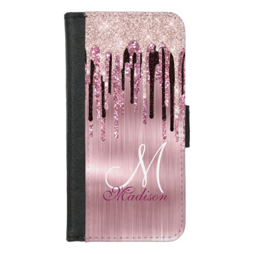 Chic rose blush pink dripping monogram iPhone 87 wallet case