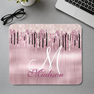 Chic rose blush pink dripping monogram mouse pad