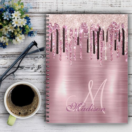 Chic rose blush pink dripping monogram notebook