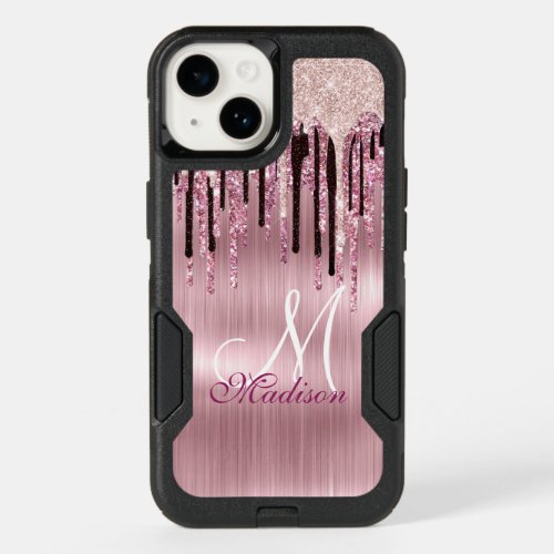 Chic rose blush pink dripping monogram OtterBox iPhone 14 case
