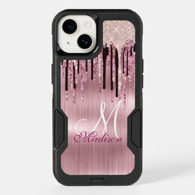 Chic rose blush pink dripping monogram otterbox iPhone case (Back)