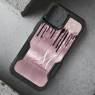 Chic rose blush pink dripping monogram OtterBox iPhone 14 case