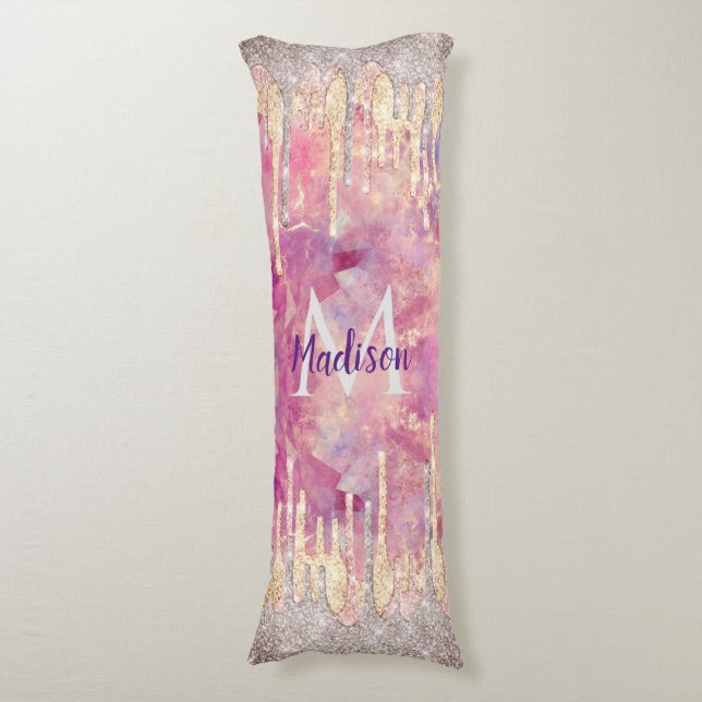 Chic rose blush pink glitter drips monogram body pillow (Front Vertical)