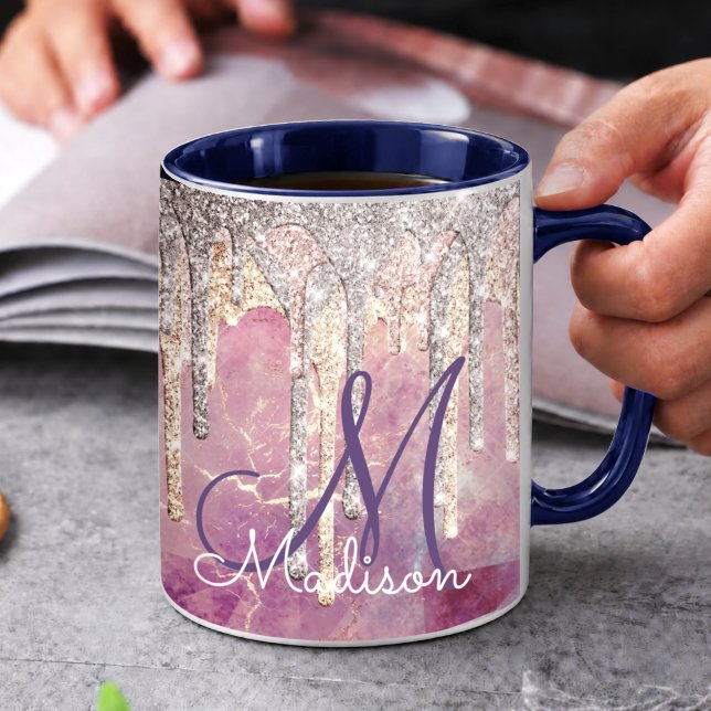 Chic rose blush pink glitter drips monogram mug (Creator Uploaded)