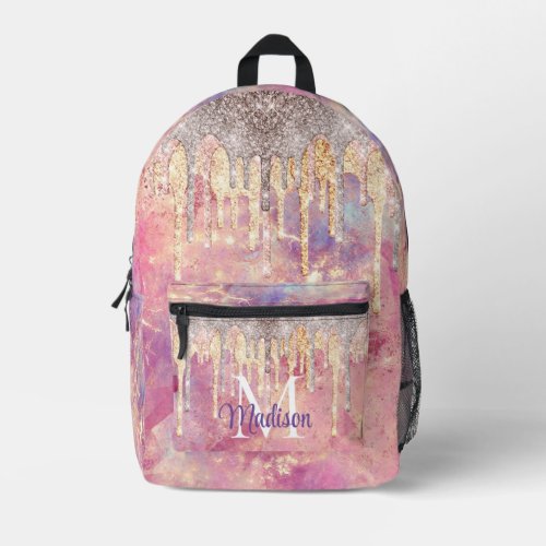 Chic rose blush pink glitter drips monogram printed backpack