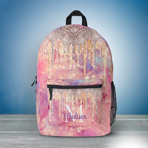 Chic rose blush pink glitter drips monogram printed backpack