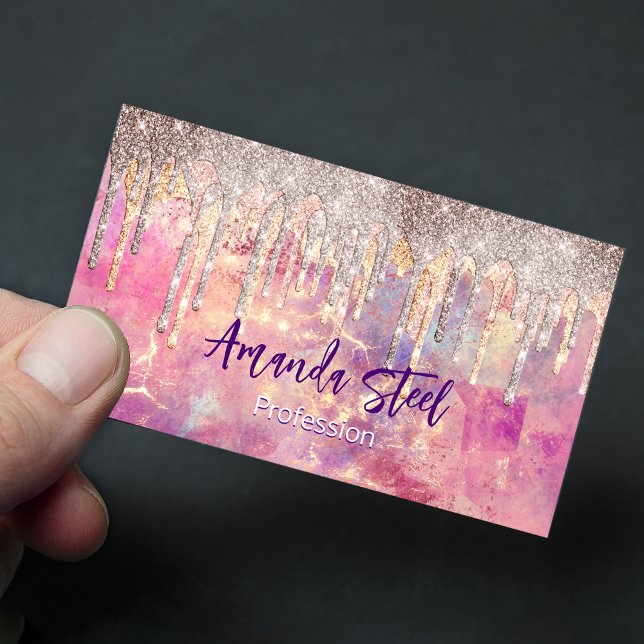 Chic rose blush pink holographic dripping monogram business card magnet (Creator Uploaded)
