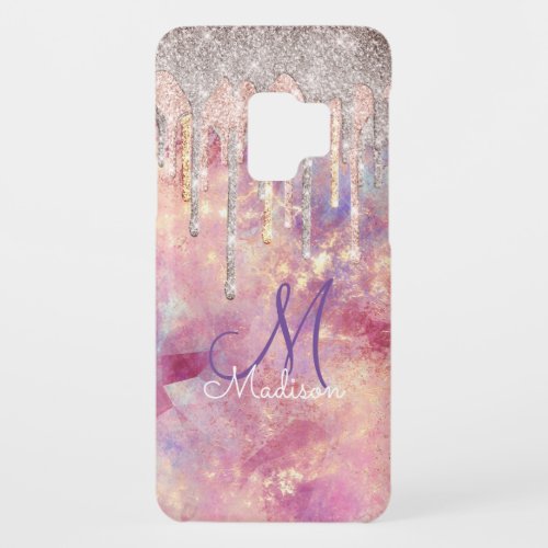 Chic rose blush pink holographic dripping monogram Case_Mate samsung galaxy s9 case