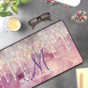 Chic rose blush pink holographic dripping monogram desk mat