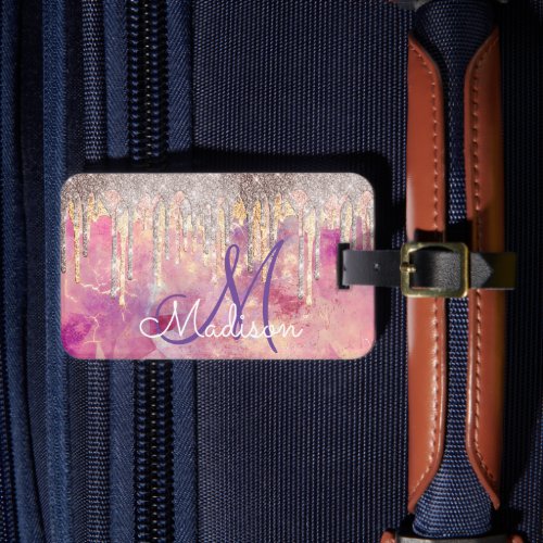 Chic rose blush pink holographic dripping monogram luggage tag