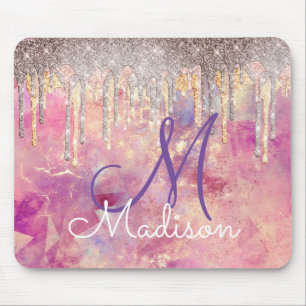 Chic rose blush pink holographic dripping monogram mouse pad