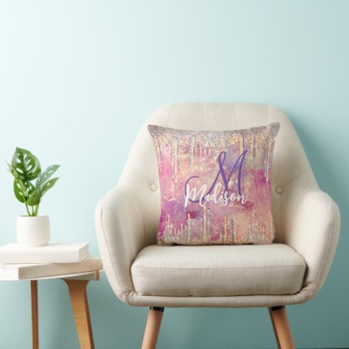 Chic rose blush pink holographic dripping monogram throw pillow