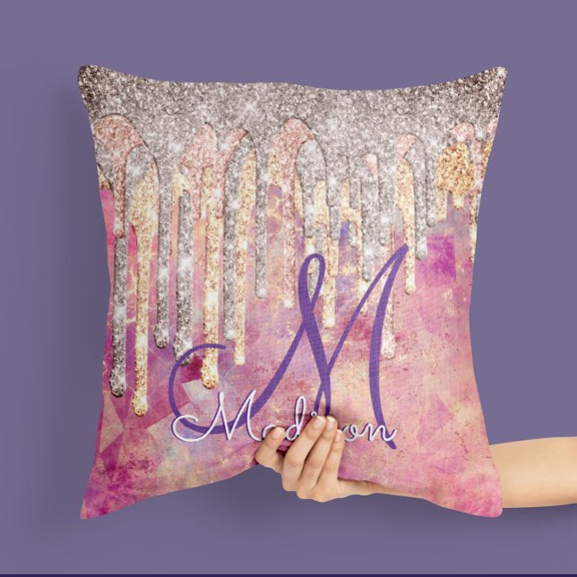 Chic rose blush pink holographic dripping monogram throw pillow (Creator Uploaded)