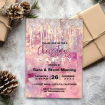 Chic rose blush pink holographic drips Christmas  Invitation